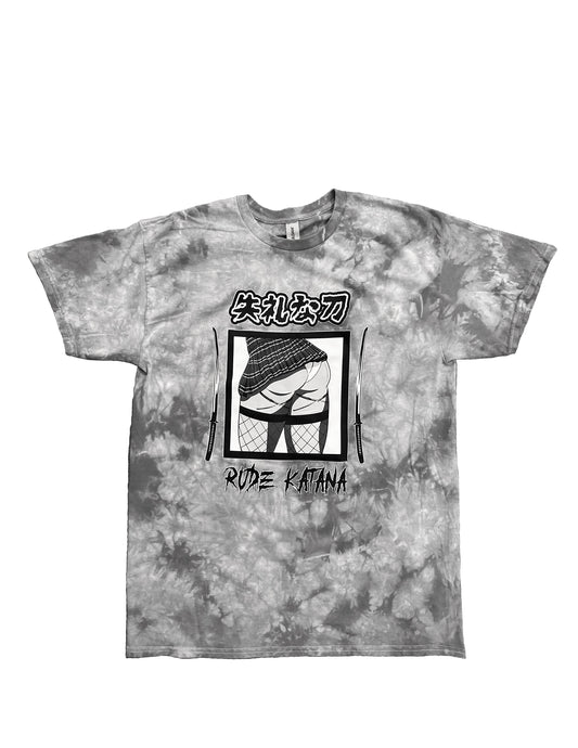 Rude Katana Short Skirt Tats Short Sleeve Gray Tie-Dye T-Shirt